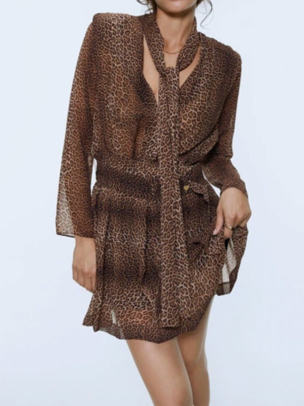 Zara Leopard Print Pleated Mini Dress With Tie Detail